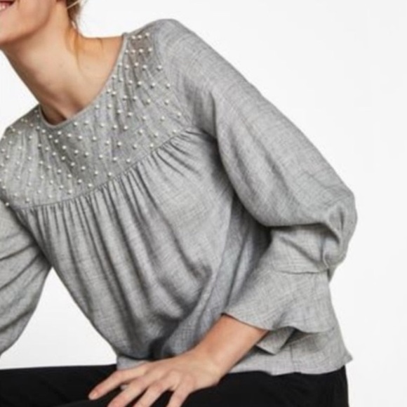 Zara Basic Grey Pearl Embellished Long Sleeve Blouse - Picture 10 of 15